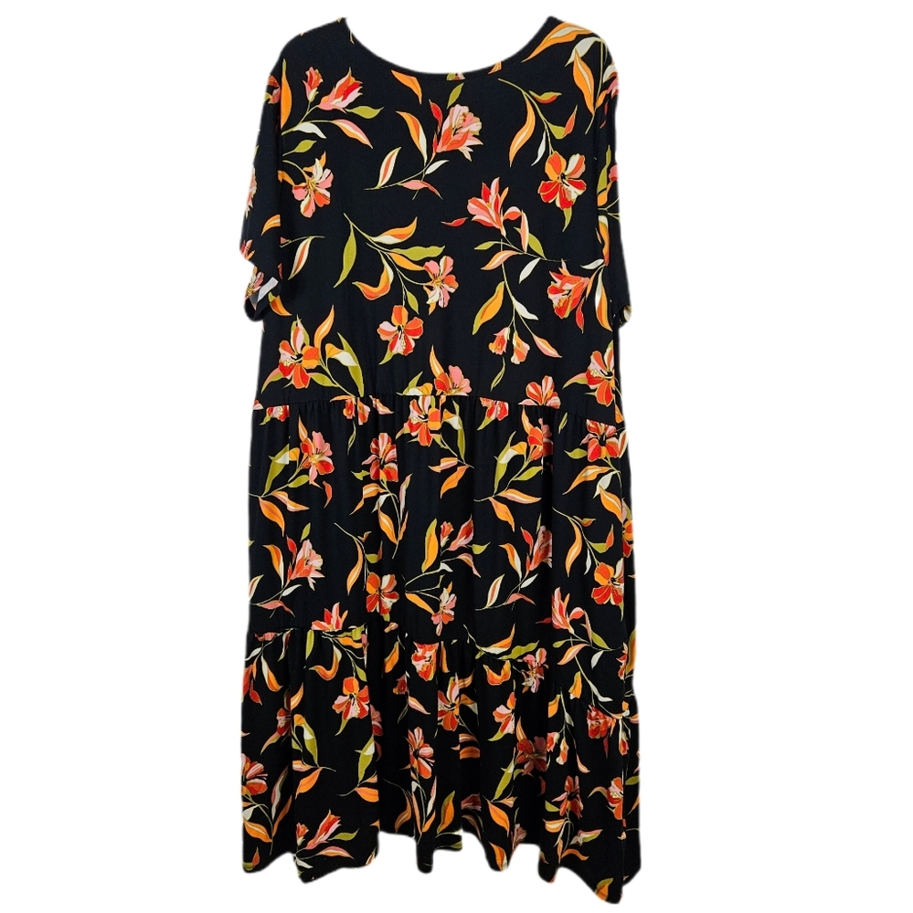 Cuddl Duds Printed Jersey Knit Tiered T Shirt Dress Black Floral 2X Knee Length - Picture 2 of 8